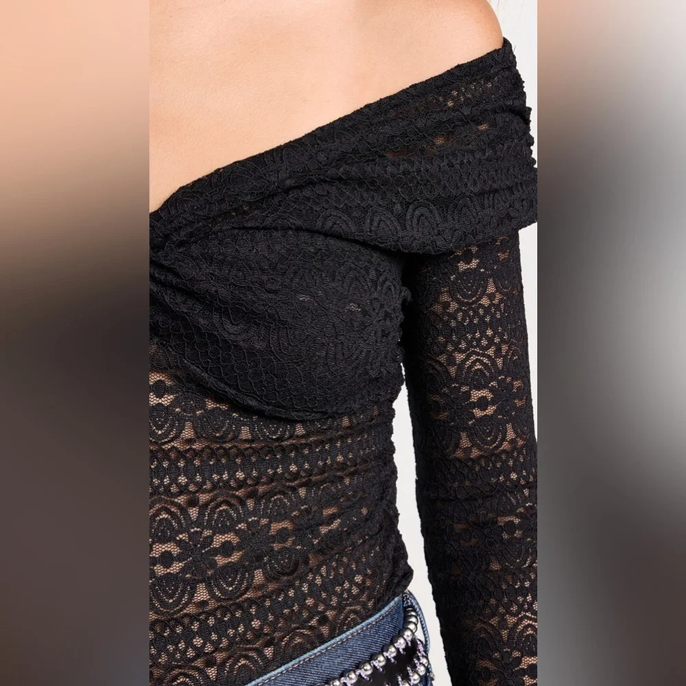 FREE PEOPLE Hold Me Closer Top XS Black Lace Cutout Knot Off The Shoulder Boho